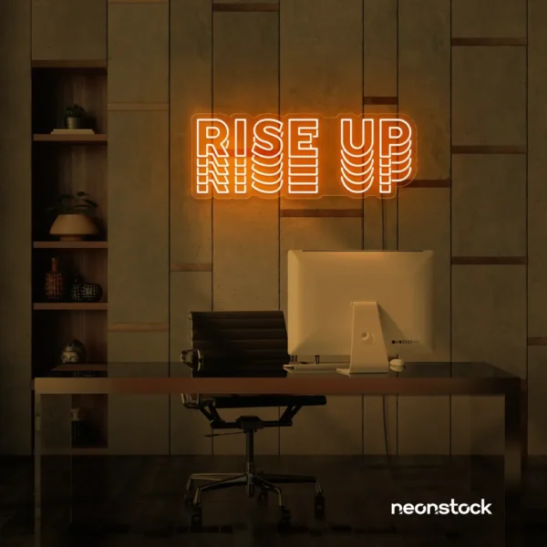 Rise Up neon sign in orange for gyms, empowerment decor, and motivational spaces.