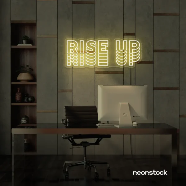 Rise Up neon sign in warm white for gyms, empowerment decor, and motivational spaces.