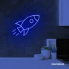 Rocket neon sign in dark blue for kids' rooms, play areas, and space-themed nursery decor.