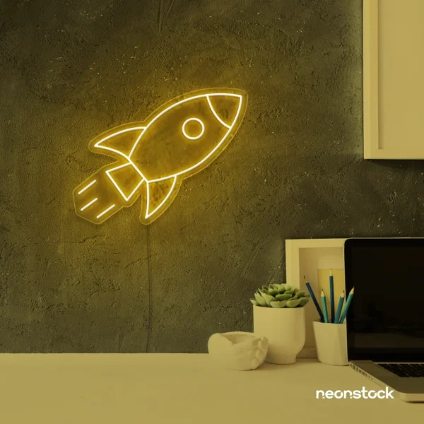 Rocket neon sign in golden yellow for kids' rooms, play areas, and space-themed nursery decor.
