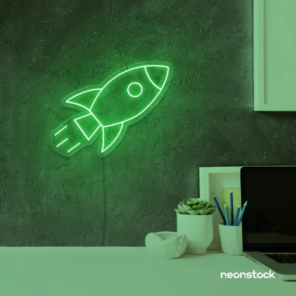 Rocket neon sign in green for kids' rooms, play areas, and space-themed nursery decor.