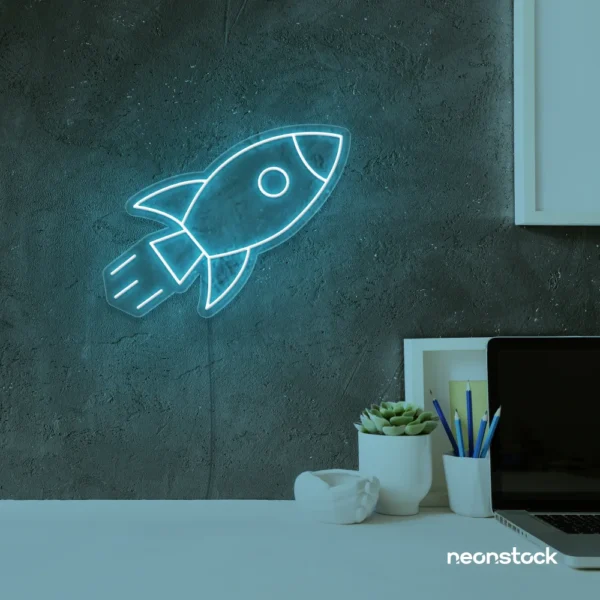 Rocket neon sign in ice blue for kids' rooms, play areas, and space-themed nursery decor.
