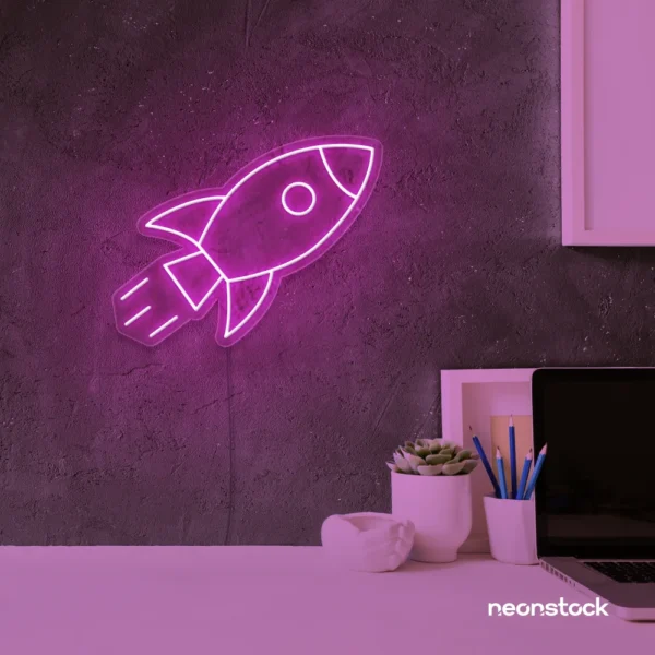 Rocket neon sign in pink for kids' rooms, play areas, and space-themed nursery decor.
