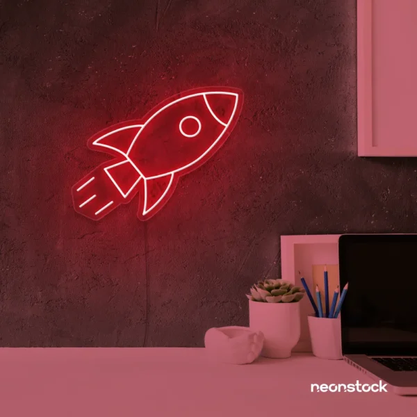 Rocket neon sign in red for kids' rooms, play areas, and space-themed nursery decor.