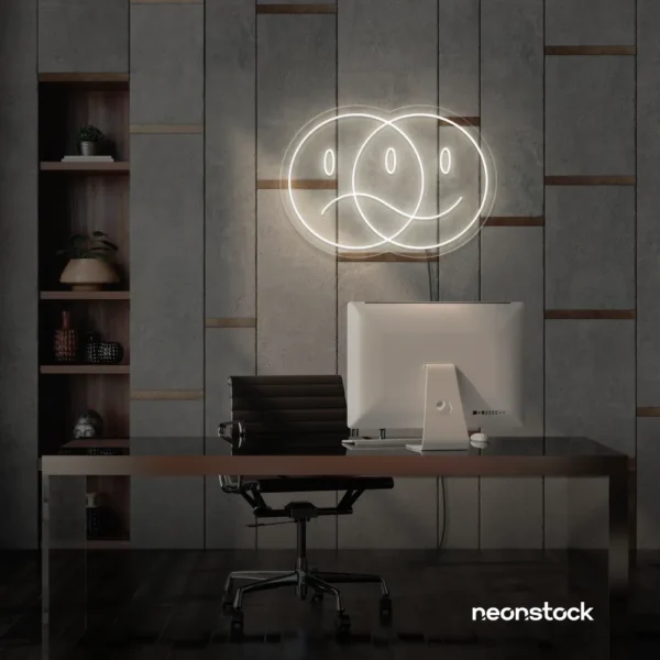 Sad happy emoji neon sign in Neutral white for home wall art