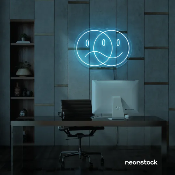 Sad happy emoji neon sign in ice blue for home wall art