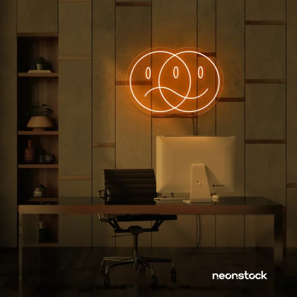 Sad happy emoji neon sign in orange for home wall art