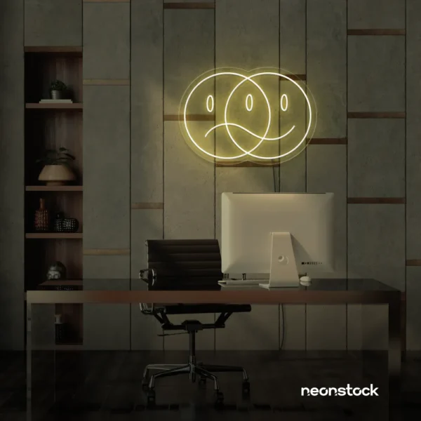 Sad happy emoji neon sign in warm white for home wall art