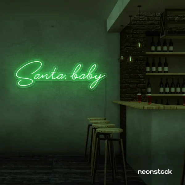 Santa Baby neon sign in green for holiday parties, Christmas decor, and festive photo backdrops.