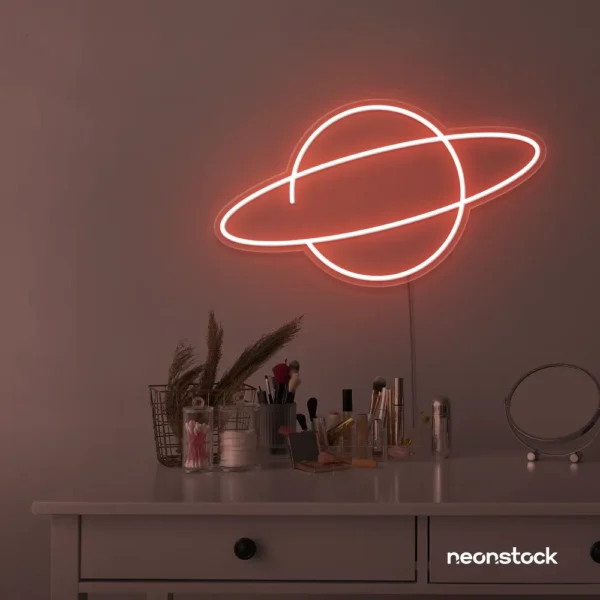 Planet neon sign in peachy pink for kids room wall decor