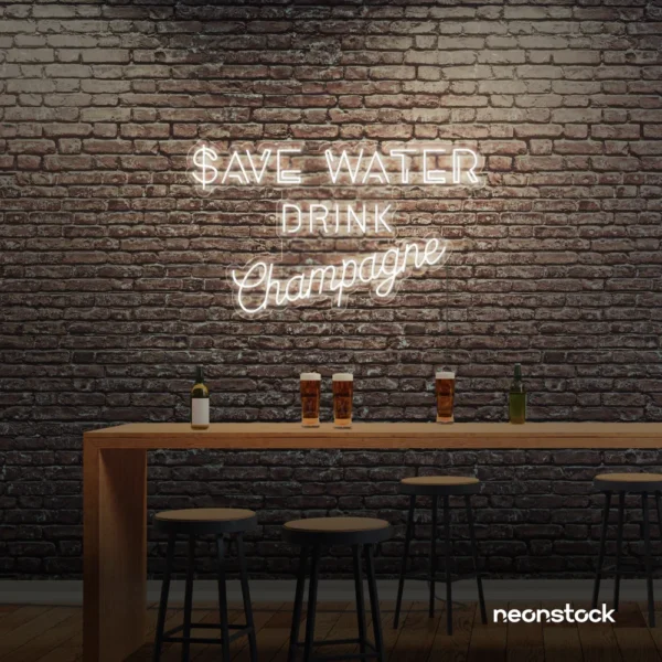 Save Water Drink Champagne neon sign in neutral white for party kitchens, wine bars, and bubbly wall decor.
