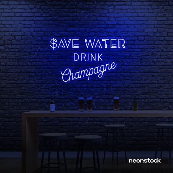 Save Water Drink Champagne neon sign in dark blue for party kitchens, wine bars, and bubbly wall decor.