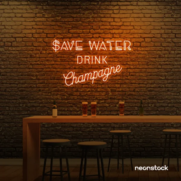 Save Water Drink Champagne neon sign in orange for party kitchens, wine bars, and bubbly wall decor.