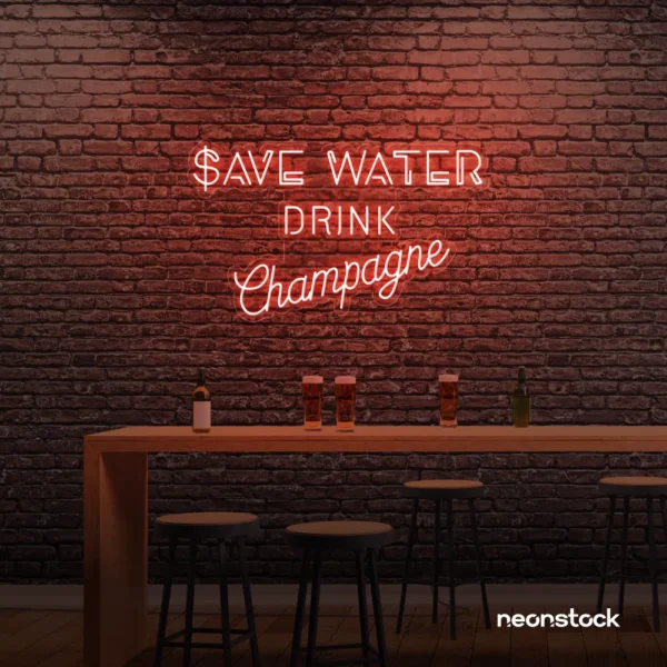 Save Water Drink Champagne neon sign in peachy pink for party kitchens, wine bars, and bubbly wall decor.