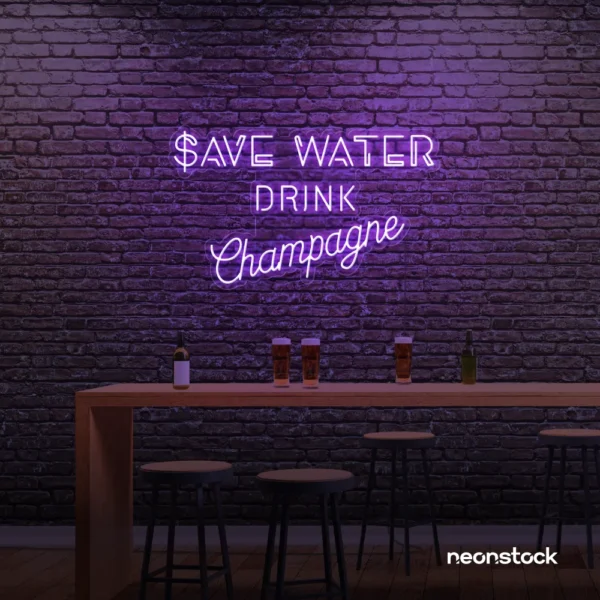 Save Water Drink Champagne neon sign in purple for party kitchens, wine bars, and bubbly wall decor.
