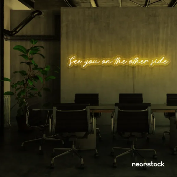 See You On The Other Side neon sign in golden yellow for retro decor, gaming setups, and ambient lighting.