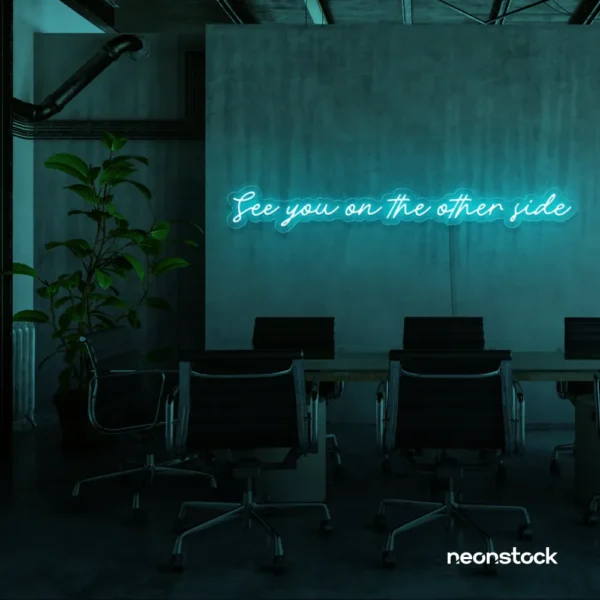 See You On The Other Side neon sign in mint green for retro decor, gaming setups, and ambient lighting.