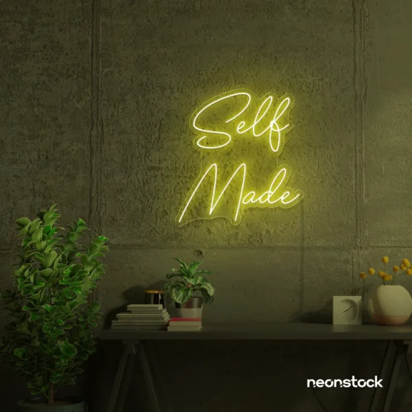Self Made neon sign in lemon yellow for home offices, studios, and entrepreneur decor.