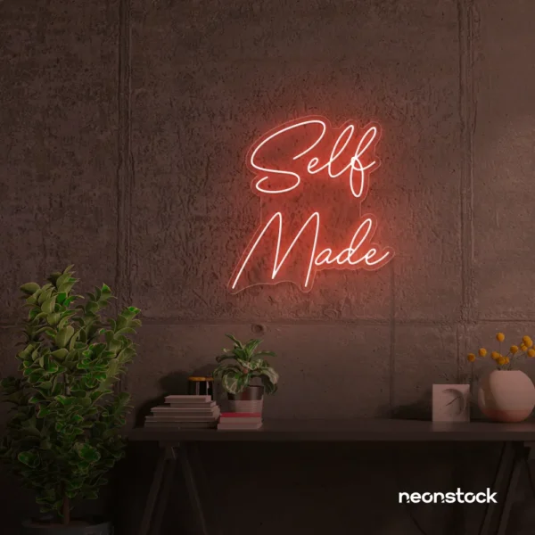 Self Made neon sign in peachy pink for home offices, studios, and entrepreneur decor.