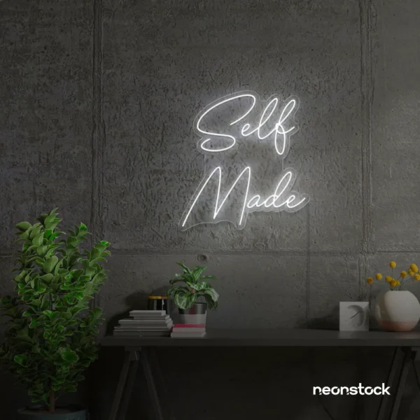 Self Made neon sign in white for home offices, studios, and entrepreneur decor.