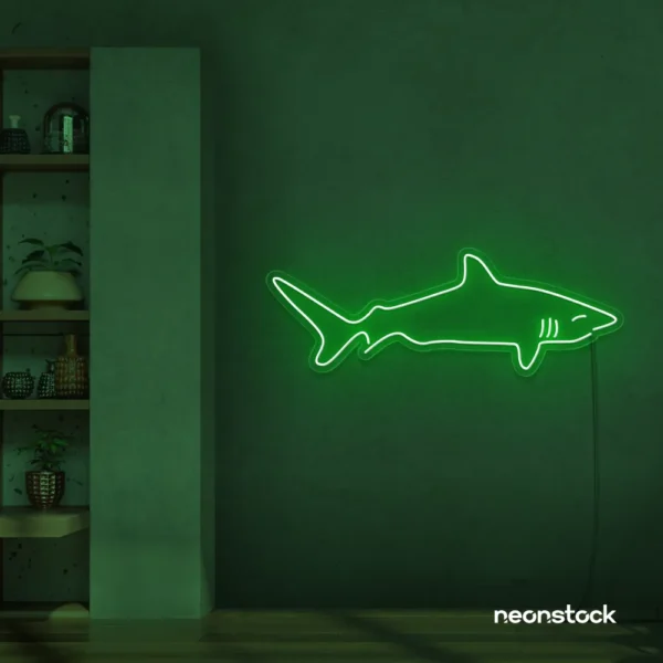 Shark neon sign in deep green for kids' rooms, ocean-themed decor, and fun playroom walls.