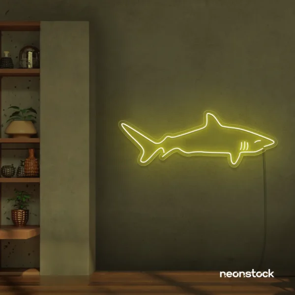 Shark neon sign in lemon yellow for kids' rooms, ocean-themed decor, and fun playroom walls.
