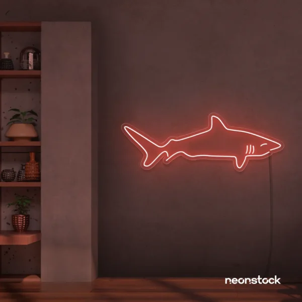 Shark neon sign in peachy pink for kids' rooms, ocean-themed decor, and fun playroom walls.
