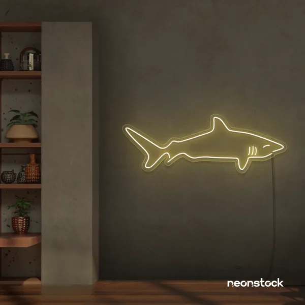 Shark neon sign in warm white for kids' rooms, ocean-themed decor, and fun playroom walls.