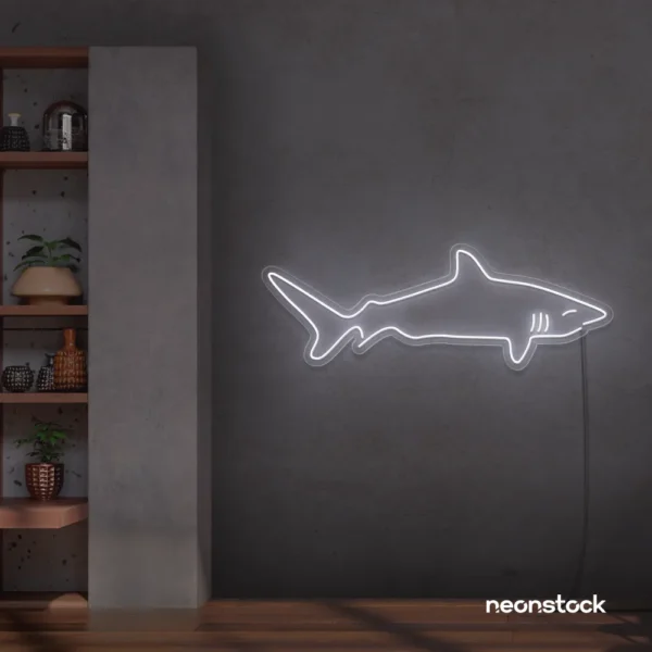 Shark neon sign in white for kids' rooms, ocean-themed decor, and fun playroom walls.