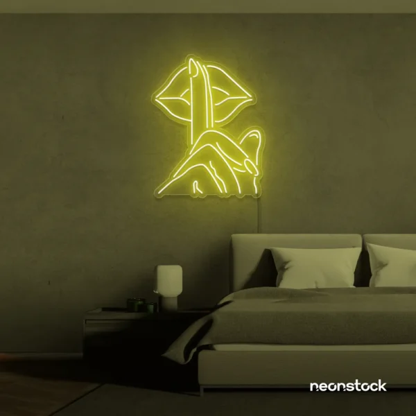 Shushing lips neon sign in lemon yellow for beauty salons, glam rooms, and bold home decor.