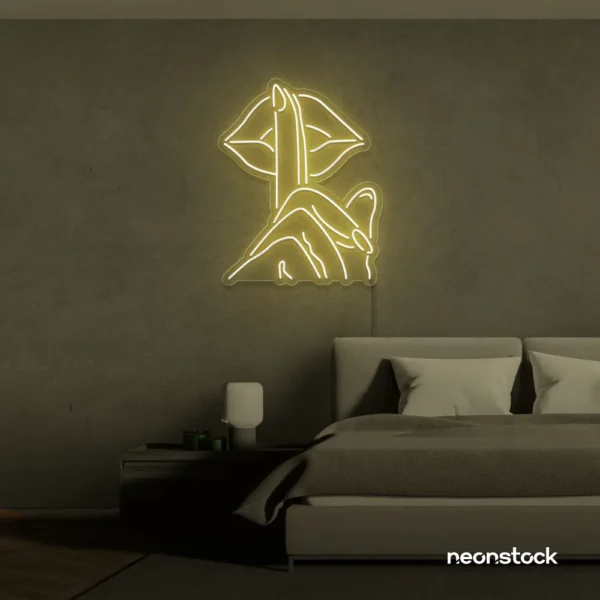 Shushing lips neon sign in warm white for beauty salons, glam rooms, and bold home decor.