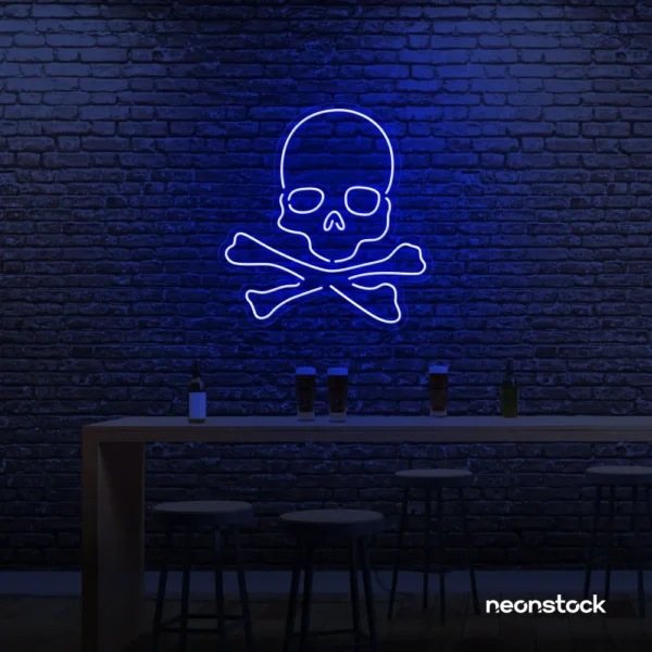 Skull neon sign in dark blue for man cave or garage decor