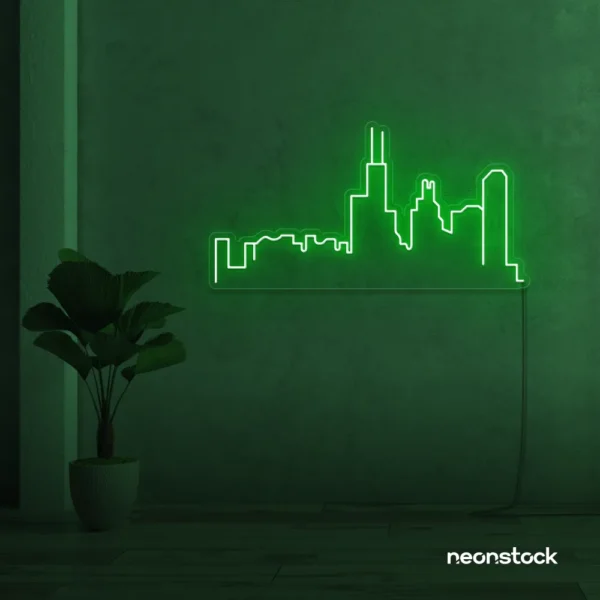 Skyline neon sign in deep green for modern wall decor