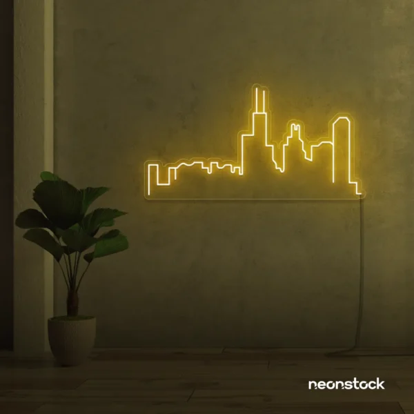 Skyline neon sign in golden yellow for modern wall decor