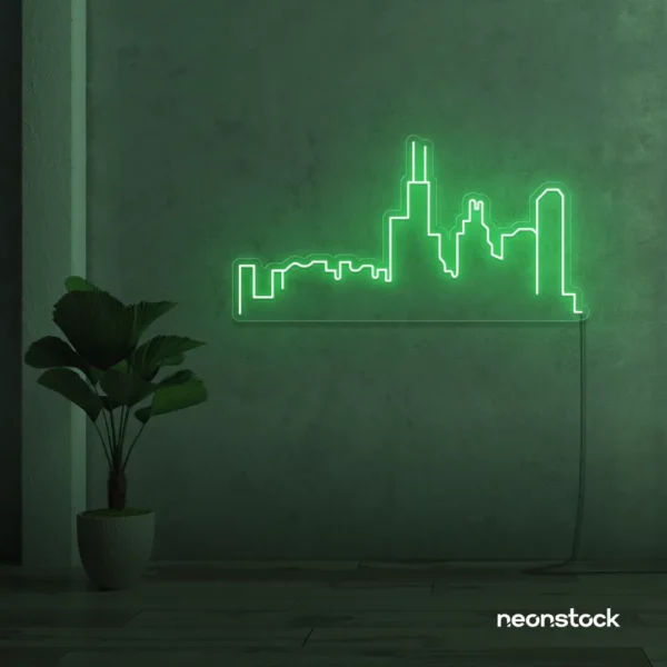 Skyline neon sign in green for modern wall decor