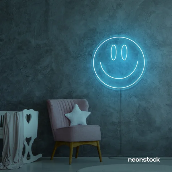 Smiley face neon sign in ice blue for dorm walls, teen rooms, and joyful room decor.