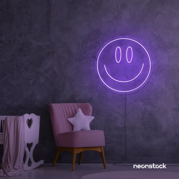 Smiley face neon sign in purple for dorm walls, teen rooms, and joyful room decor.