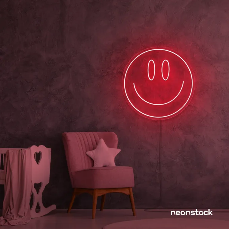 Smiley face neon sign in red for dorm walls, teen rooms, and joyful room decor.
