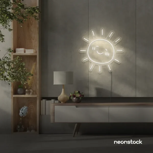 Sun neon sign in neutral white for kids' rooms, nurseries, and cheerful home decor.