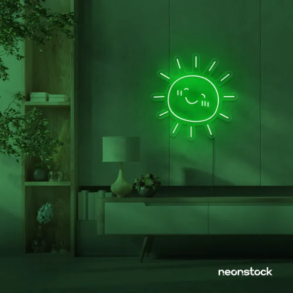 Sun neon sign in deep green for kids' rooms, nurseries, and cheerful home decor.