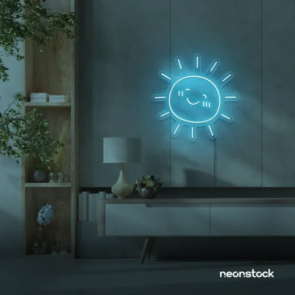 Sun neon sign in ice blue for kids' rooms, nurseries, and cheerful home decor.