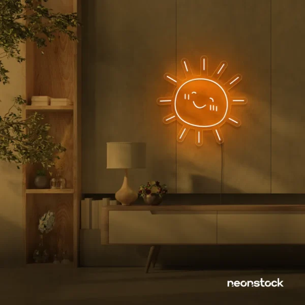 Sun neon sign in orange for kids' rooms, nurseries, and cheerful home decor.