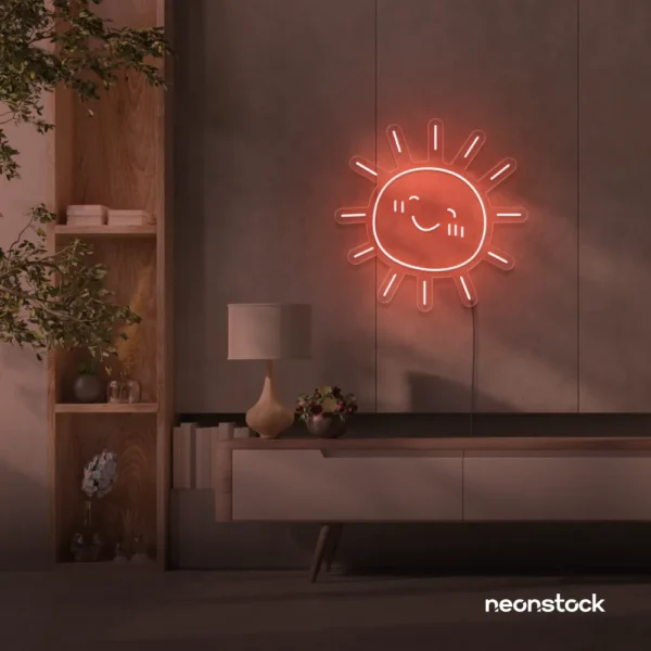 Sun neon sign in peachy pink for kids' rooms, nurseries, and cheerful home decor.