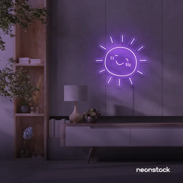 Sun neon sign in purple for kids' rooms, nurseries, and cheerful home decor.