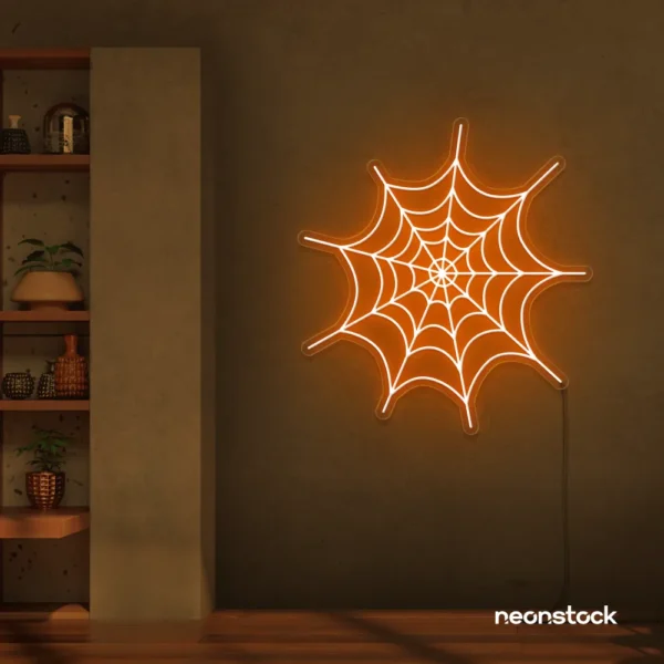 Spider web neon sign in orange for kids room wall decor or Halloween-themed spaces