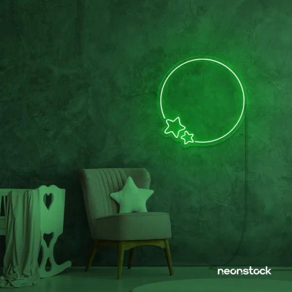 Deep green neon wall sign featuring a circular design with two stars, glowing vibrantly in a cozy room setup.