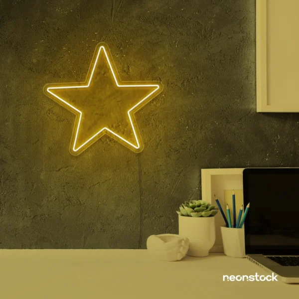 Star neon sign in golden yellow for kids' rooms, nursery walls, and bedtime light decor.