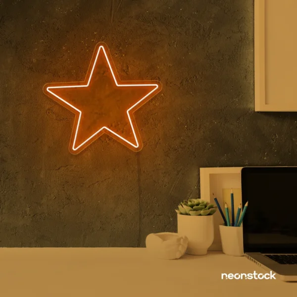 Star neon sign in orange for kids' rooms, nursery walls, and bedtime light decor.