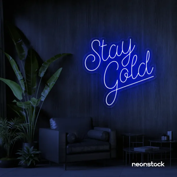 Stay Gold neon sign in dark blue for glam rooms, babe caves, and feminine decor.