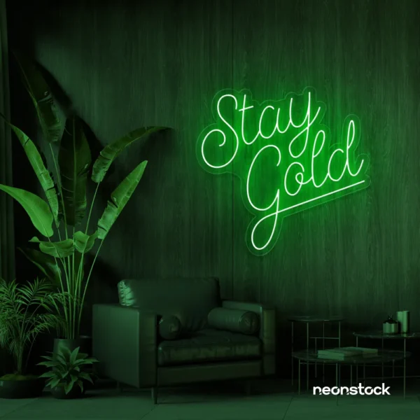 Stay Gold neon sign in deep green for glam rooms, babe caves, and feminine decor.